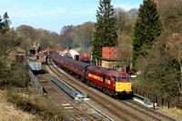 Class 31 No 31466 in EWS livery departs Goathland station on 12.4.25 with 1235 Whitby to Pickering NYMR service deputising for steam loco ban due to fire risk regulations