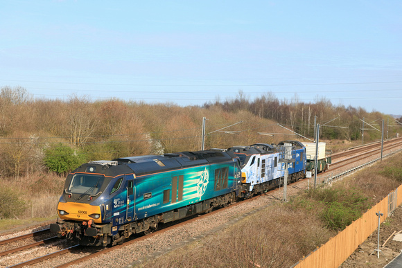DRS Class 68 & 88 combo 68008 Avenger & 88010 Aurora in cool CO2 livery with one nuclear flask at Lukes Lane, Monkton, Tyne & Wear on 31.3.25 with 6M60 1336 Seaton-o-t British Energy to Sellafield B.N