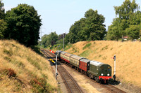 Preserved Class 20 No D8001 approaches Rothley station on 2.8.24 with 1430 Loughborough to Leicester North service at the GCR Diesel Running Day with 31108 and D8001