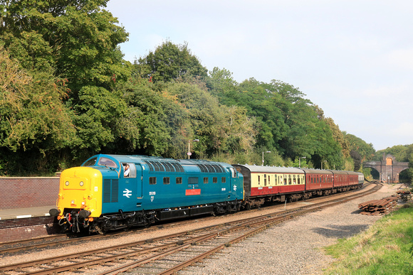 Deltic Class 55 No 55019 Royal Highland Fusilier has just arrived at Leicester North station on 6.9.24 with 2A09 1025 Loughborough to Leicester North service at GCR Autumn Diesel Gala 2024