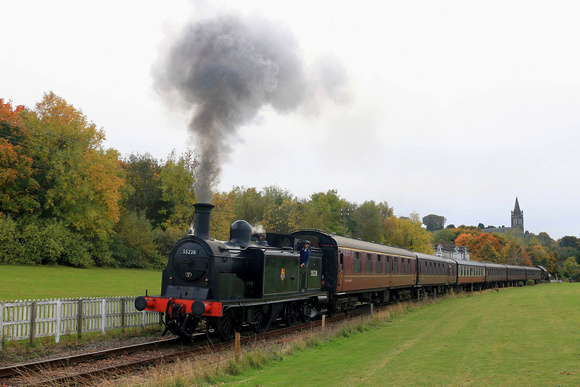 Caledonian 439 Tank No. 55189 running as 55238 with 80105 at rear approaches Bo'ness station on 13.10.24 with 1255 Manuel to Bo'ness service at Steam Steel Road & Rail event, Bo'ness & Kinneil Railway