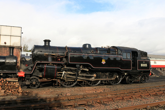 BR Standard 4 Tank No. 80105 after completion of overhaul stands in Bo'ness Yard on 11.10.24 in readyness for Steam Steel Road & Rail event at the Bo'ness & Kinneil Railway on 12 & 13 Oct 2024