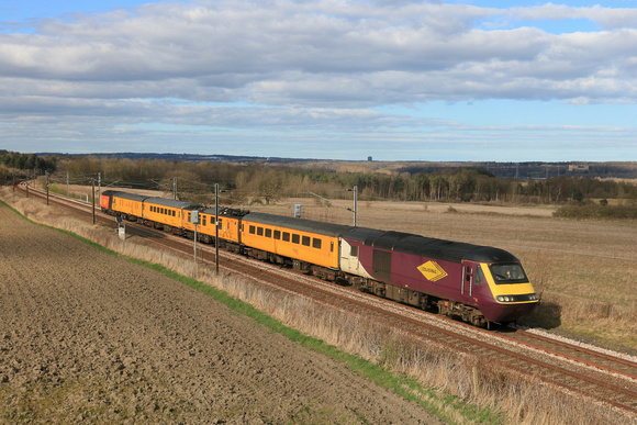 Colas Rail Class 43 No 43274 leads Infrastructure Monitoring train with 43277 at rear past Plawsworth near Durham on 30.3.25 with 1Q18 1022 Derby R.T.C.(Network Rail) to Newcastle via Durham Coast & D