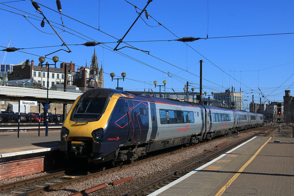 CrossCountry Voyager Class 221 No 221109 in ex Avanti West Coast livery arrives at Newcastle station on 7.4.25 with 1V60 0820 Aberdeen to Penzance service