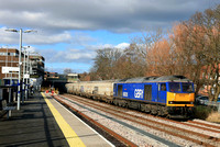 GBRf Beacon Rail blue liveried Class 60 No 60026 Helvellyn at Ashington station on 27.2.25 on the Northumberland Line with 6N87 1402 Lynemouth Power Stn (Gbrf) to Tyne Coal Terminal Gbrf empty Biomass