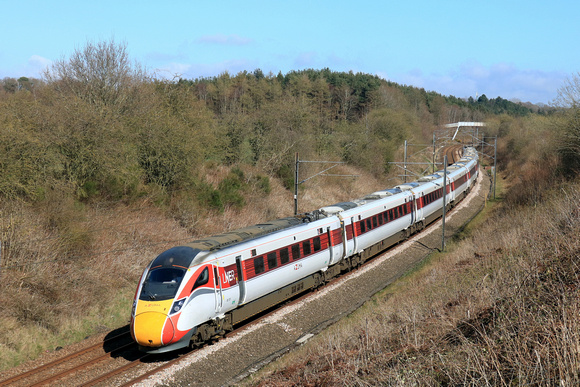 LNER Class 8901 No 801201 passes Sunderland Bridge, ECML near Durham on 4.4.25 with 1S18 1300 London Kings Cross to Edinburgh service