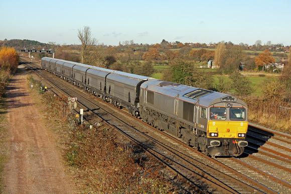 GBRf 66749 in grey livery at Trowell Junction on the mainline on 4.12.13 with 7Z45 1105 Doncaster Roberts Roads Shed - Derby Etches Park Sdgs biomass hoppers for tyre turning