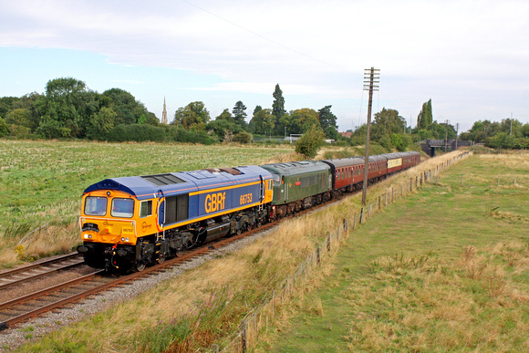 Guest GBRf 66753 pilots D123 at Woodthorpe on 30.8.14 with 0900 'The Master Cutler' Loughborough - Leicester North service at the GCR  Diesel Gala August 2014